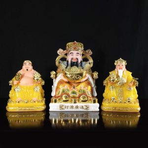 Bộ Tam Tượng Tài – Địa – Như Ý “Tài Nguyên Quảng Tiến” Ngồi Tự Tại Bột Đá Thạch Anh, Cỡ Nhỏ