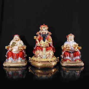 Bộ Tam Tượng Tài – Địa – Như Ý “Chiêu Tài Tiến Bảo” Ngồi Tự Tại Đồng Sơn Đỏ, Cỡ Đại