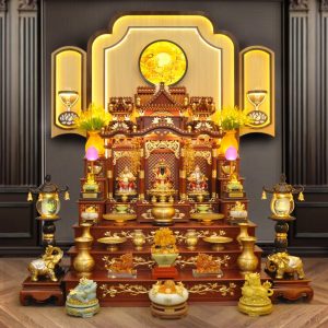 Ban Thờ Thần Tài Thổ Địa Ba Gian Đồng Vàng Chữ Phật