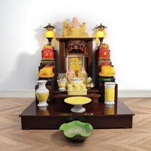 Bộ Ban Thờ Thần Tài Thổ Địa Mái Bằng Chân Trơn, Gốm Trắng Thạch Anh Vàng , KT 81*81*71cm